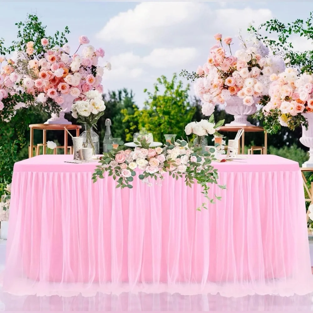 6ft Pink Tablecloth with Tulle Table Skirt for Rectangle Tables